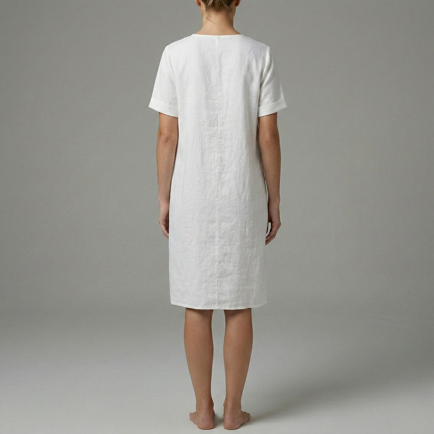 Women's Linen Summer Dress Knee-Length with Crochet Lace at V-Neck, Short Sleeves, and Patch Pockets