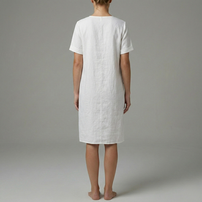 Women's Linen Summer Dress Knee-Length with Crochet Lace at V-Neck, Short Sleeves, and Patch Pockets