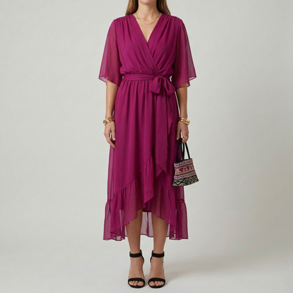 Women's Maxi Dress Chiffon with Wrap Front and Waist Belt Kimono Sleeves High-Low Hem V-Neck