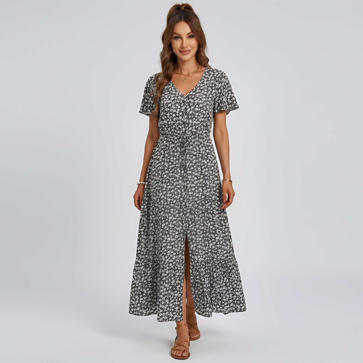 Women's Maxi Dress with Ditsy Floral Print, Button Front, Tie Belt, V-Neck, Flutter Sleeves, Front Slit