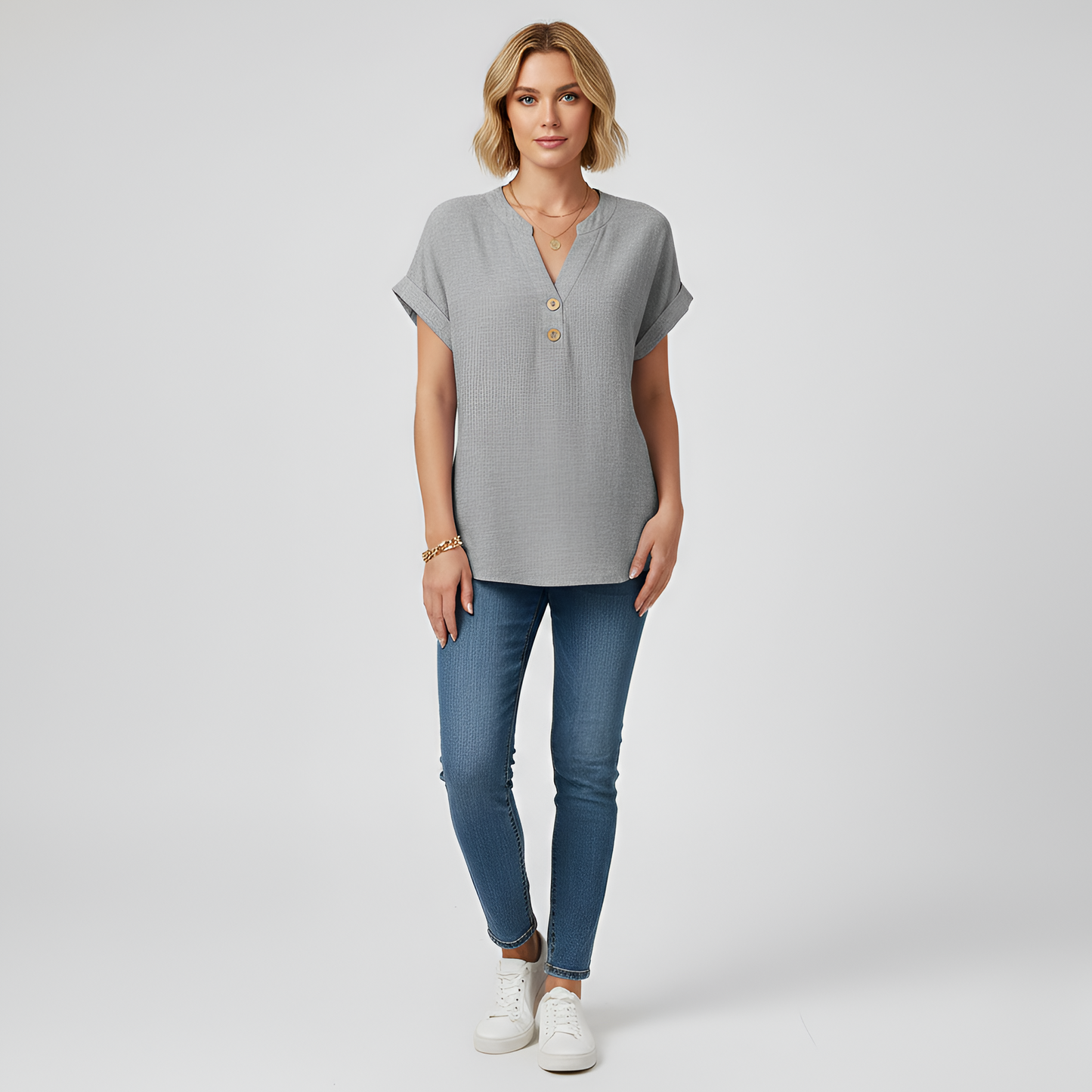 Women's Henley Blouse Cotton with V-Neck Stand Collar Short Sleeves with Cuff Hip Length Loose Fit
