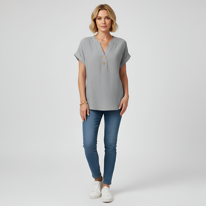 Women's Henley Blouse Cotton with V-Neck Stand Collar Short Sleeves with Cuff Hip Length Loose Fit