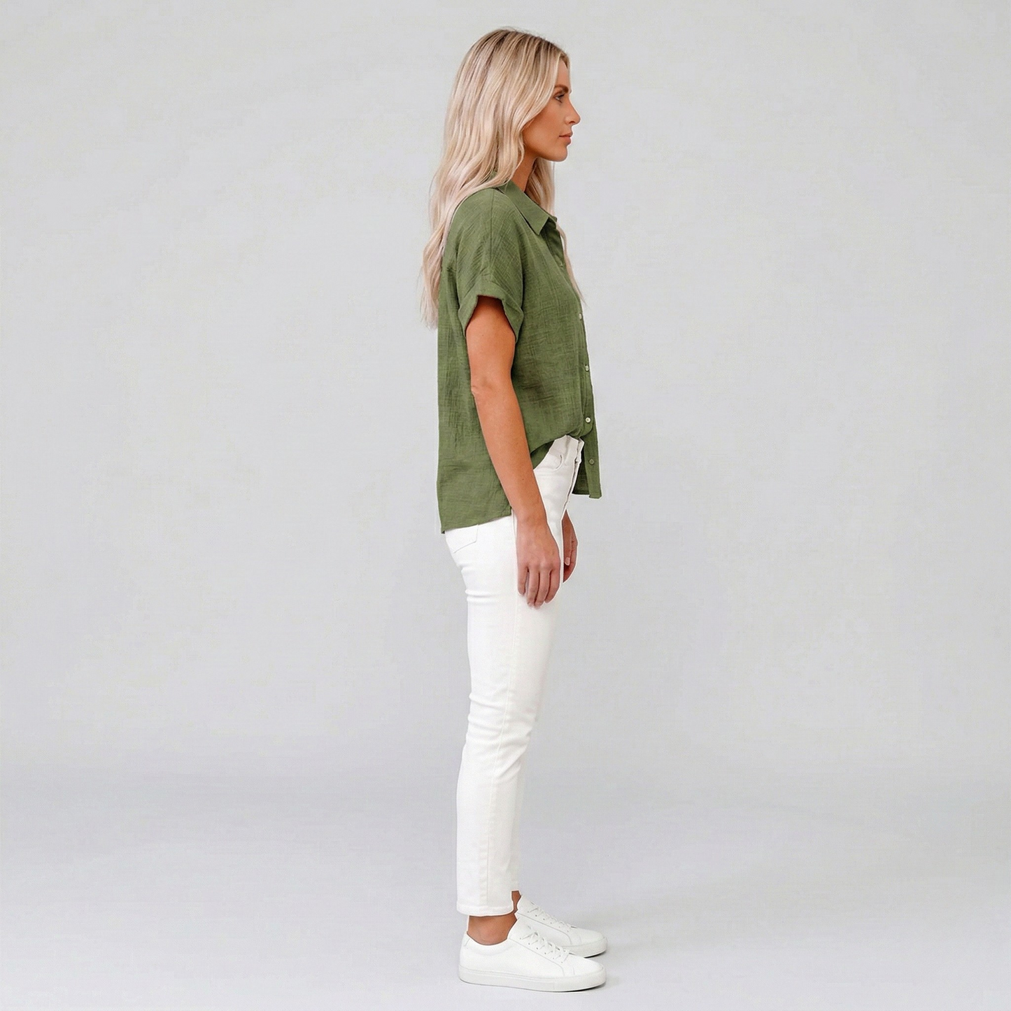 Women's Linen Blouse Short Sleeves with Button Placket Pointed Collar and Chest Pocket Drop Shoulder Cut