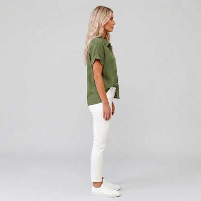 Women's Linen Blouse Short Sleeves with Button Placket Pointed Collar and Chest Pocket Drop Shoulder Cut