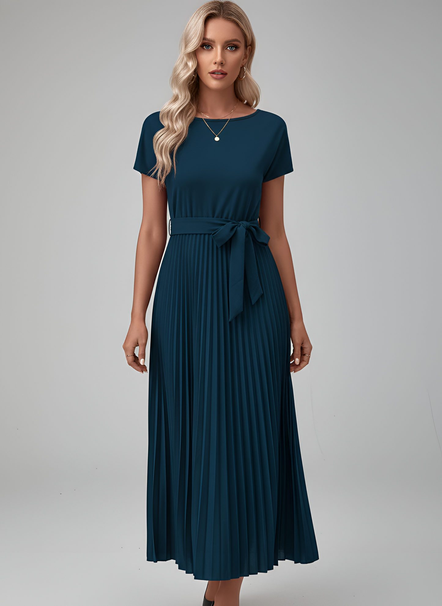 Women's Knee-Length Pleated Dress with Tie Belt Round Neck Short Sleeves Flowing Polyester