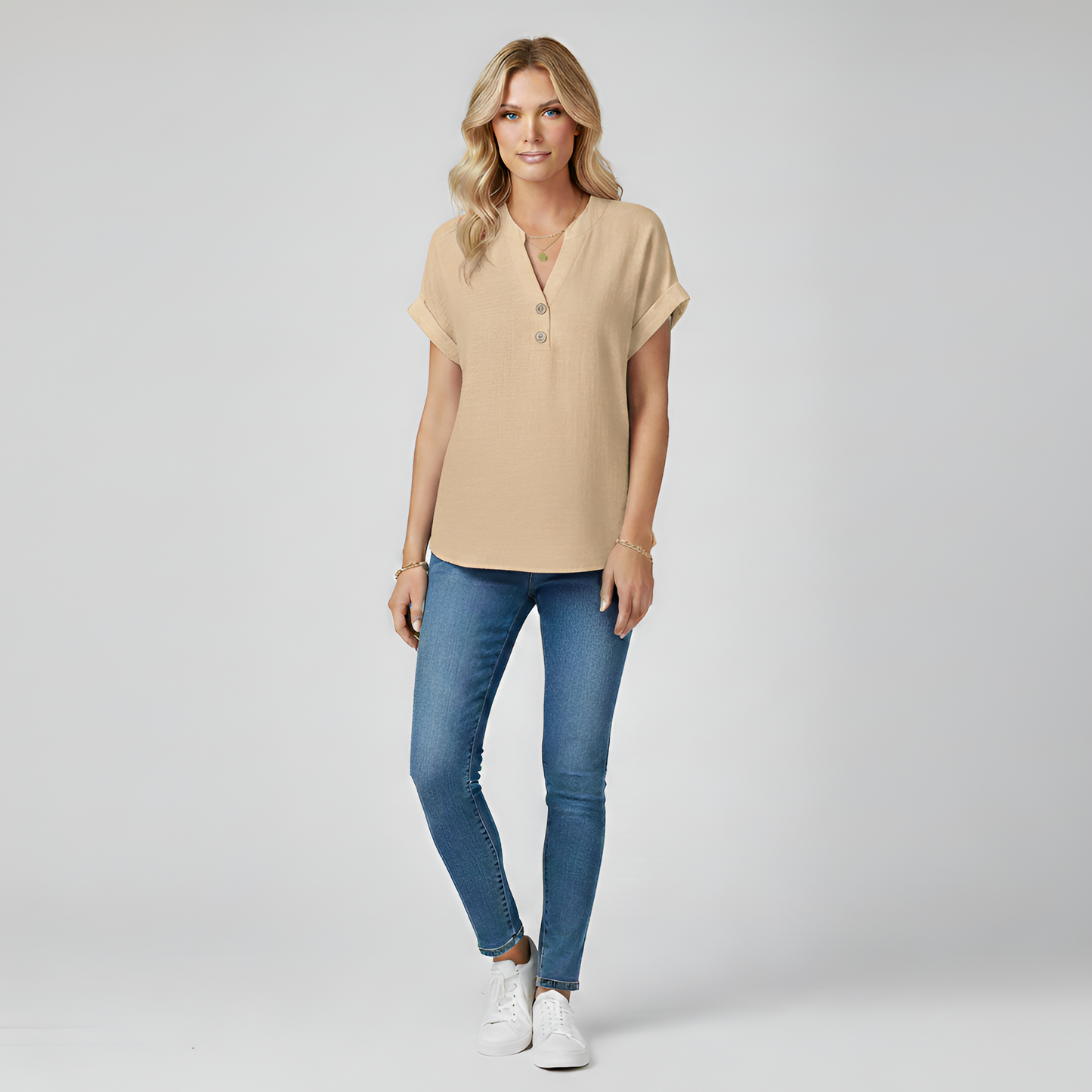 Women's Henley Blouse Cotton with V-Neck Stand Collar Short Sleeves with Cuff Hip Length Loose Fit