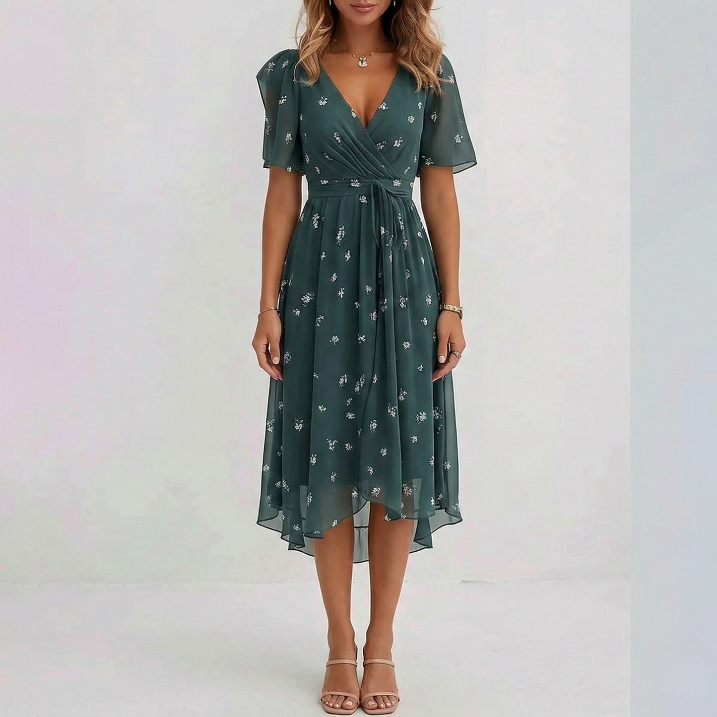 Women's Midi Dress with Floral Pattern V Wrap Neck Flutter Sleeves and Hi-Low Hem Chiffon