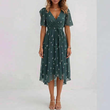 Women's Midi Dress with Floral Pattern V Wrap Neck Flutter Sleeves and Hi-Low Hem Chiffon