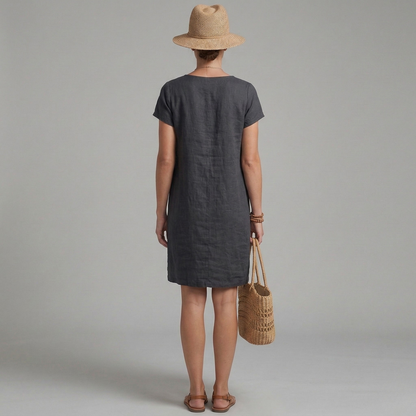 Women's Linen Summer Dress Short Sleeves with Round Neck and Patch Pockets Knee-Length Straight Cut