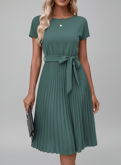 Women's Knee-Length Pleated Dress with Tie Belt Round Neck Short Sleeves Flowing Polyester