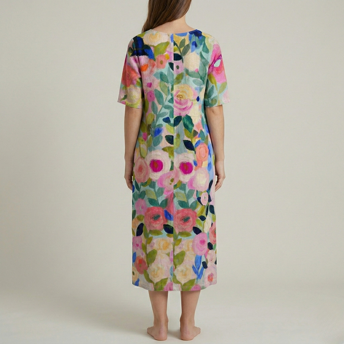 Women's Maxi Dress Cotton with Watercolor Floral Pattern V-Neck Short Sleeves Empire Cut Loose Fit