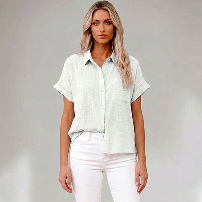 Women's Linen Blouse Short Sleeves with Button Placket Pointed Collar and Chest Pocket Drop Shoulder Cut