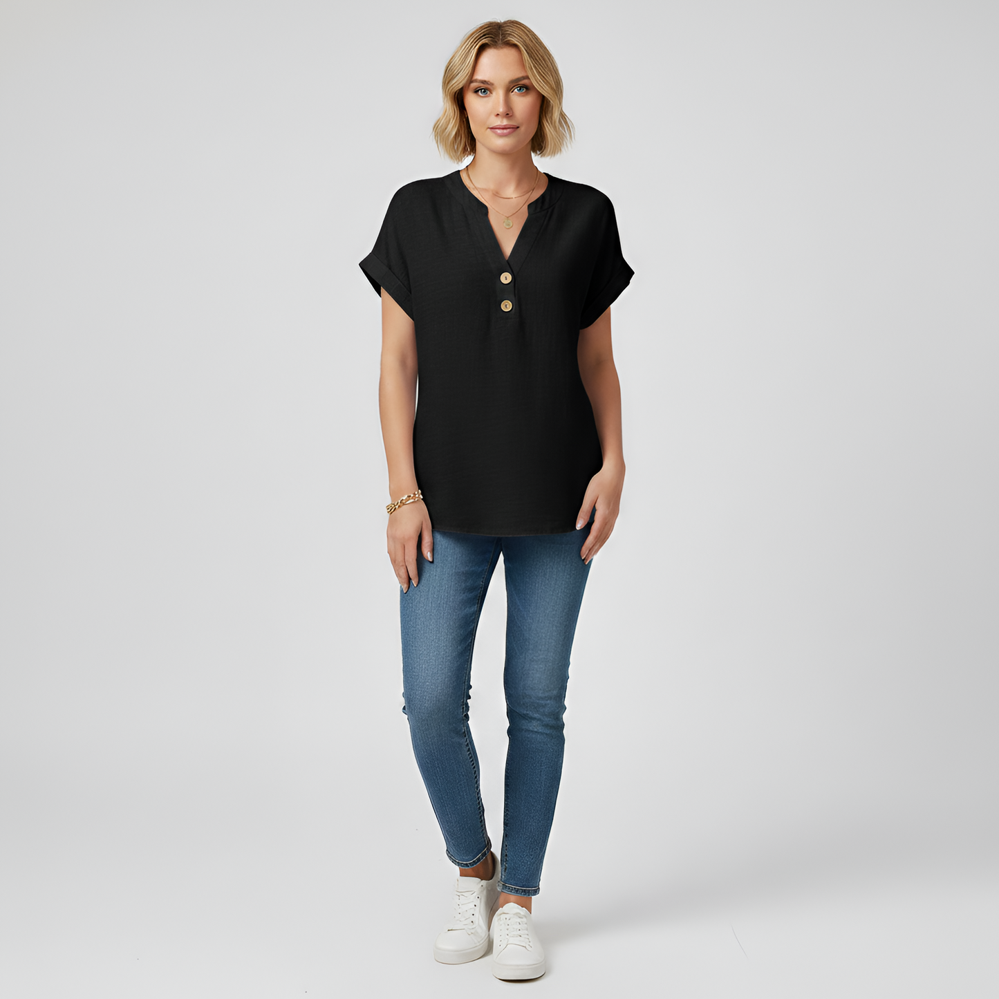 Women's Henley Blouse Cotton with V-Neck Stand Collar Short Sleeves with Cuff Hip Length Loose Fit