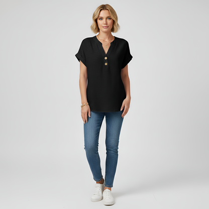 Women's Henley Blouse Cotton with V-Neck Stand Collar Short Sleeves with Cuff Hip Length Loose Fit