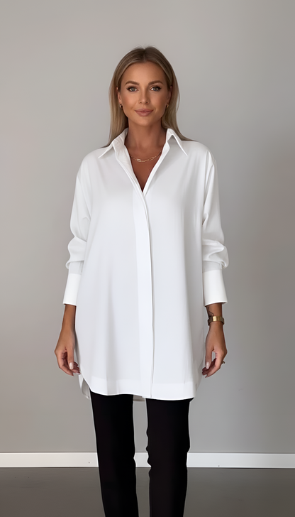 Women's Tunic Shirt Oversize Cotton with Hidden Button Placket Shirt Collar Long Sleeves