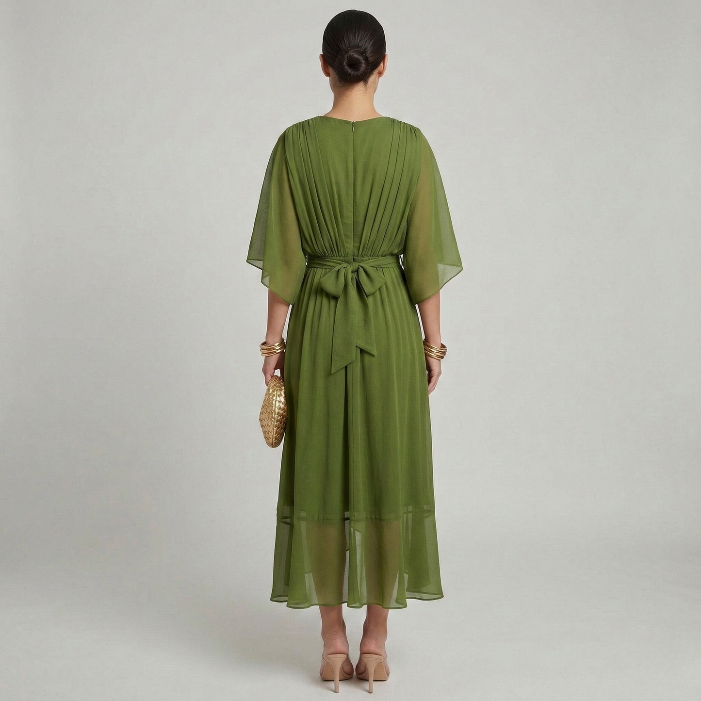 Women's Maxi Dress Chiffon with Wrap Front and Waist Belt Kimono Sleeves High-Low Hem V-Neck