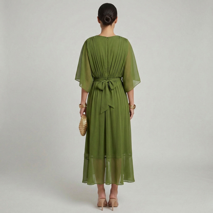 Women's Maxi Dress Chiffon with Wrap Front and Waist Belt Kimono Sleeves High-Low Hem V-Neck