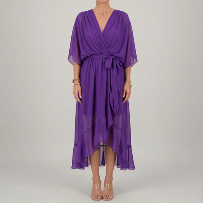 Women's Maxi Dress Chiffon with Wrap Front and Waist Belt Kimono Sleeves High-Low Hem V-Neck