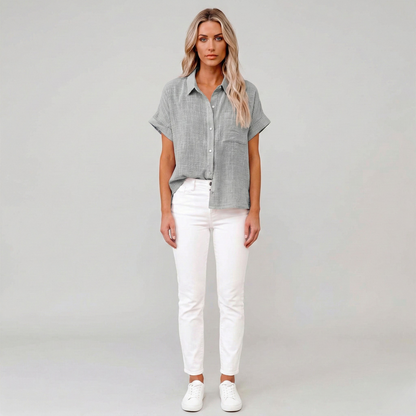 Women's Linen Blouse Short Sleeves with Button Placket Pointed Collar and Chest Pocket Drop Shoulder Cut