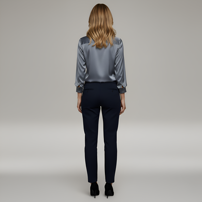 Women's Satin Blouse with Shirt Collar V-Neck Long Sleeves Cuffs Loose Fit Charmeuse Look