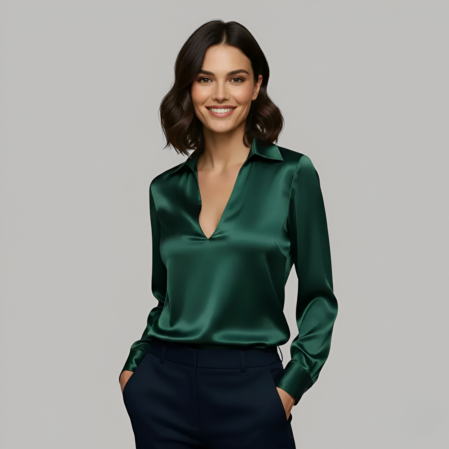 Women's Satin Blouse with Shirt Collar V-Neck Long Sleeves Cuffs Loose Fit Charmeuse Look