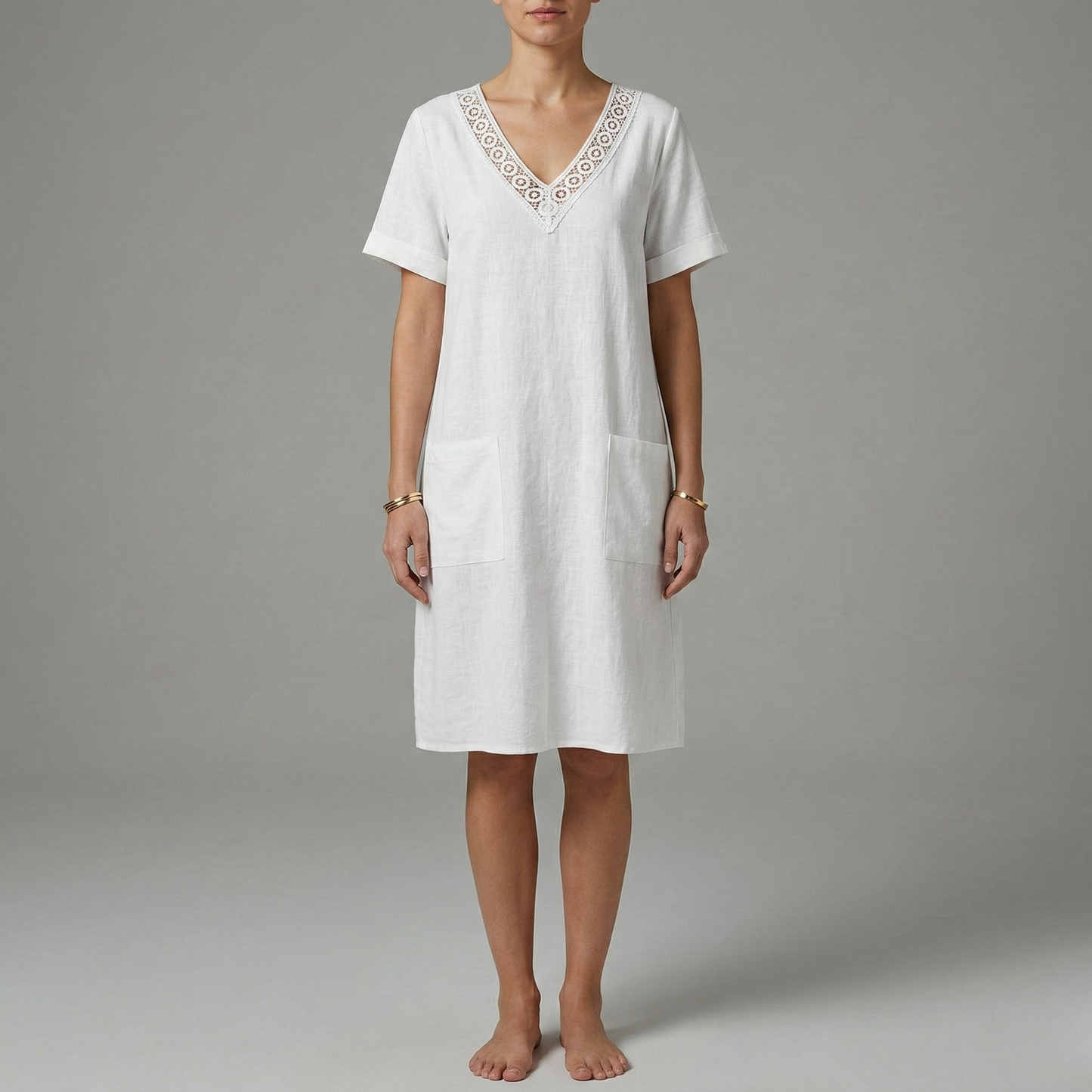 Women's Linen Summer Dress Knee-Length with Crochet Lace at V-Neck, Short Sleeves, and Patch Pockets