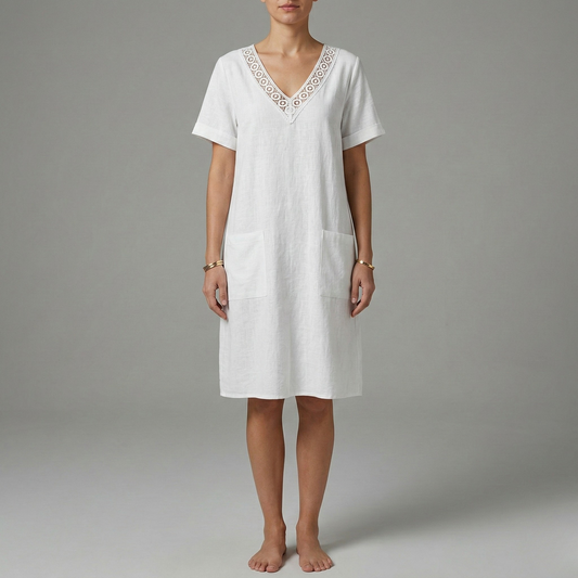 Women's Linen Summer Dress Knee-Length with Crochet Lace at V-Neck, Short Sleeves, and Patch Pockets