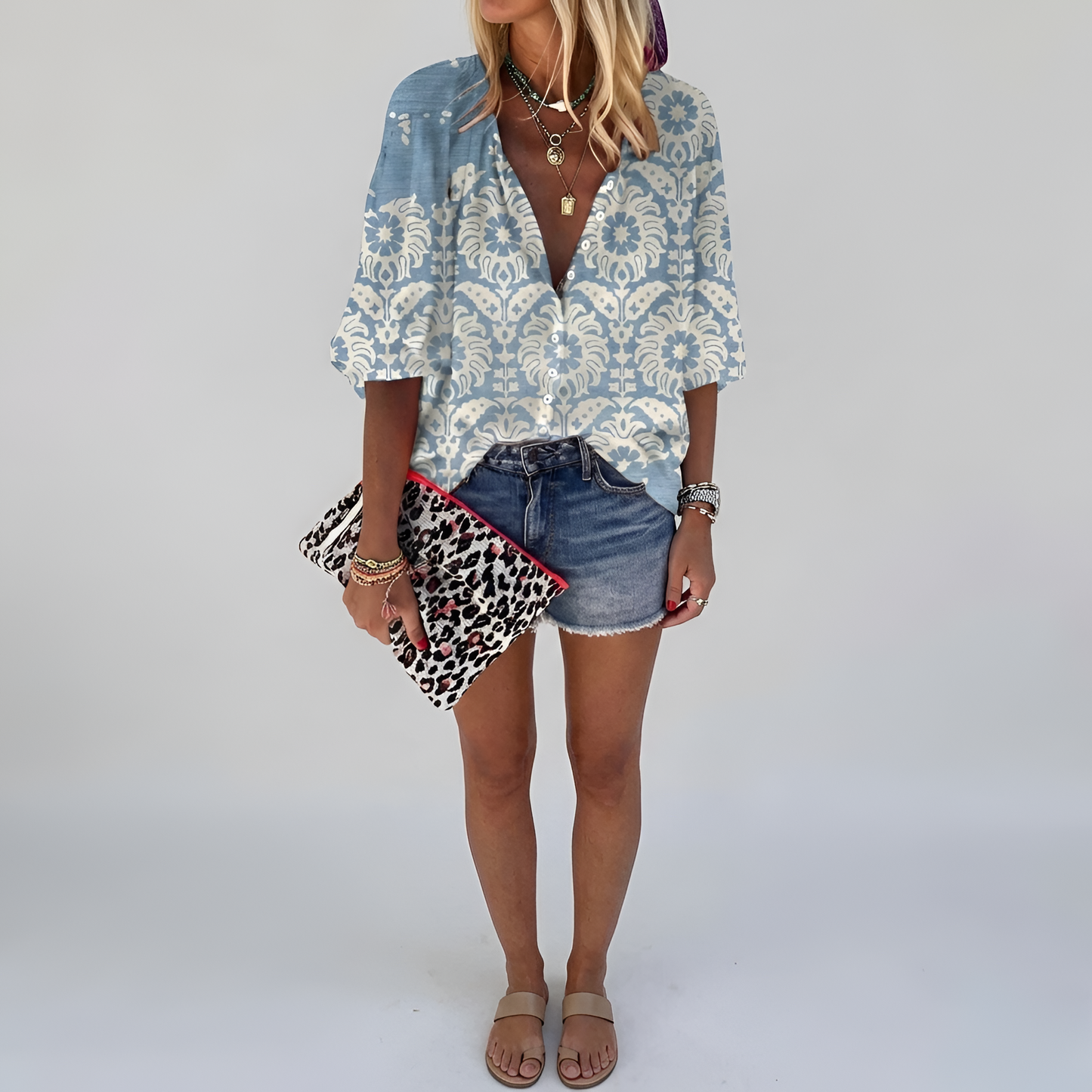 Damen Bluse mit Vintage Botanischem Print Knopfleiste und Bishop Sleeves Hüftlang aus Leichtem Mischgewebe