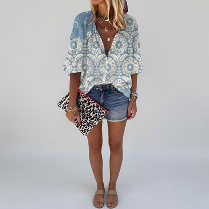 Damen Bluse mit Vintage Botanischem Print Knopfleiste und Bishop Sleeves Hüftlang aus Leichtem Mischgewebe