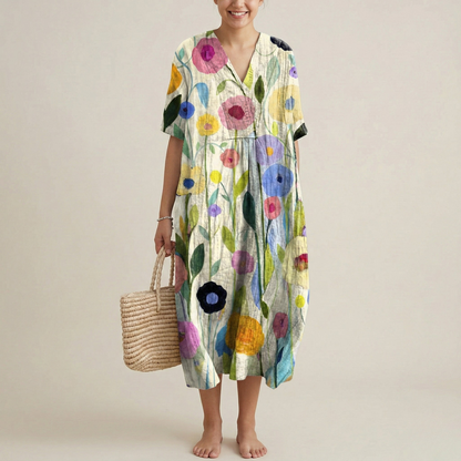 Women's Maxi Dress Cotton with Watercolor Floral Pattern V-Neck Short Sleeves Empire Cut Loose Fit