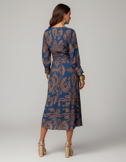 Women's Midi Dress with Twist Knot Ornamental Print V-Neck Balloon Sleeves and Empire Waist