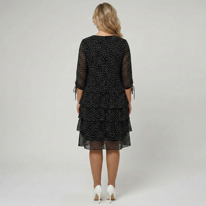 Women's Chiffon Midi Dress with Polka Dot Print, Tiered Skirt, and 3/4 Tie Sleeves in Drop Waist Cut