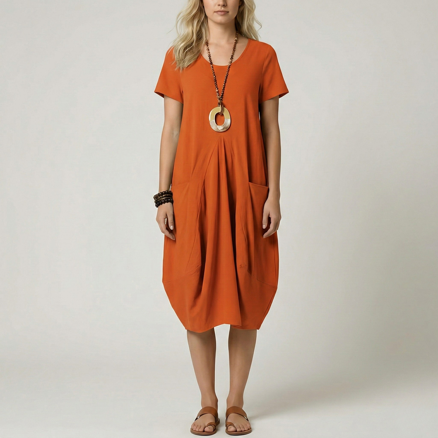 Women's Linen Midi Dress Short Sleeves Cocoon Cut Round Neck and Large Pockets