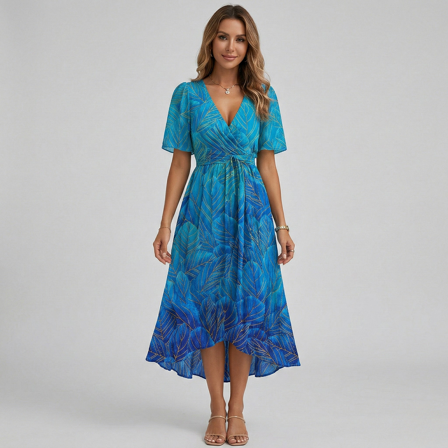 Women's Midi Dress with Floral Pattern V Wrap Neck Flutter Sleeves and Hi-Low Hem Chiffon