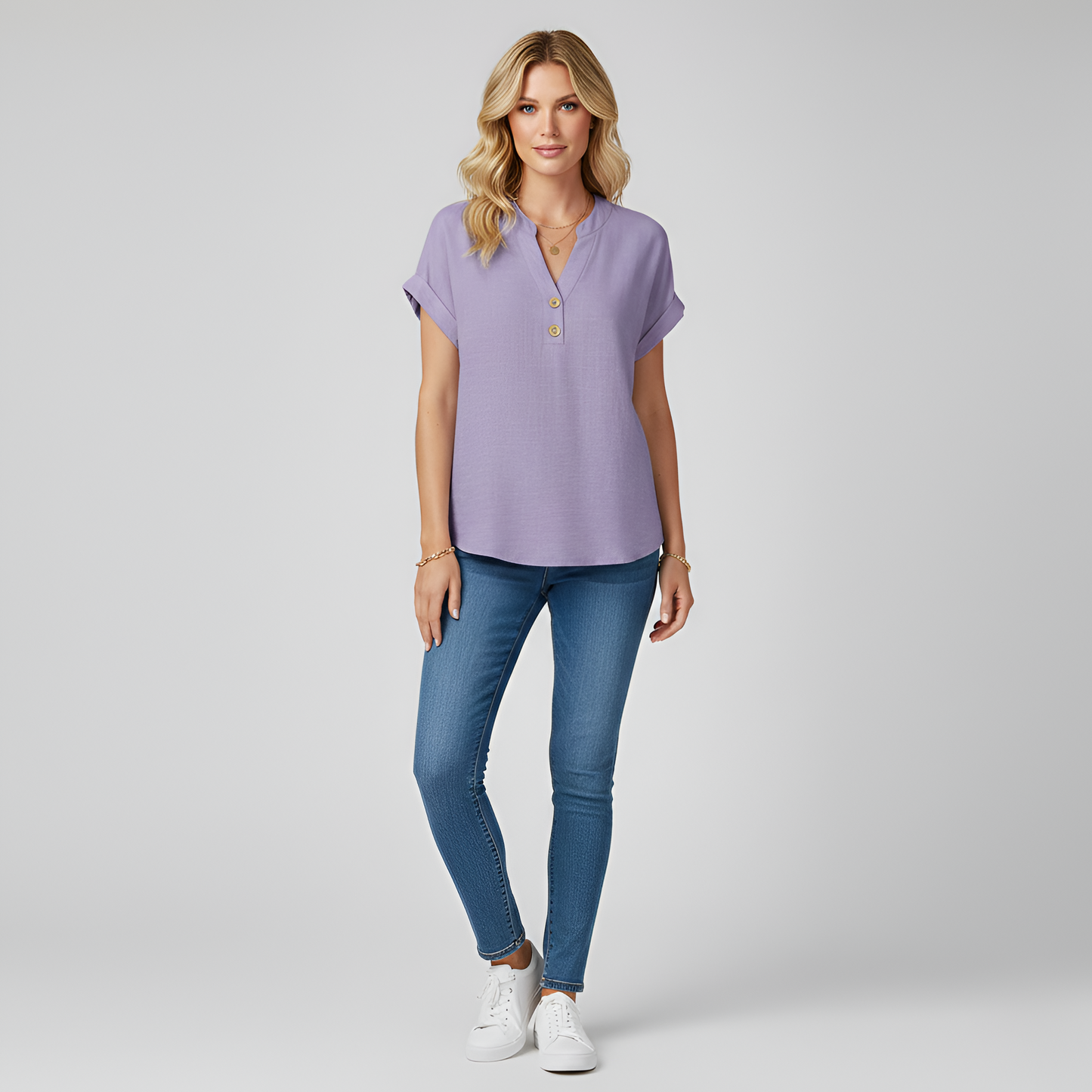 Women's Henley Blouse Cotton with V-Neck Stand Collar Short Sleeves with Cuff Hip Length Loose Fit