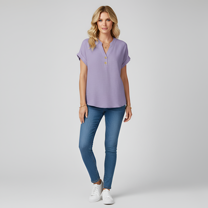 Women's Henley Blouse Cotton with V-Neck Stand Collar Short Sleeves with Cuff Hip Length Loose Fit