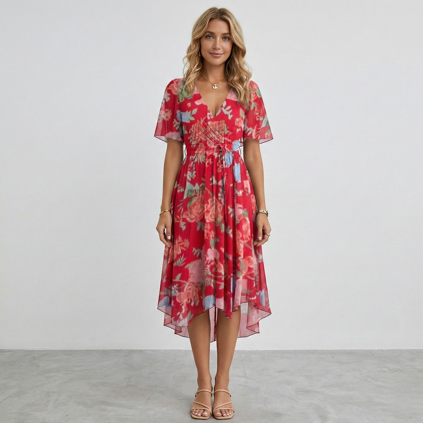 Women's Midi Dress with Floral Pattern V Wrap Neck Flutter Sleeves and Hi-Low Hem Chiffon