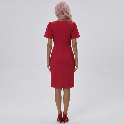 Women's Knee-Length Wrap Dress with V-Neck, Tulip Hem, Flutter Sleeves, Waist Ruching, made of Crepe