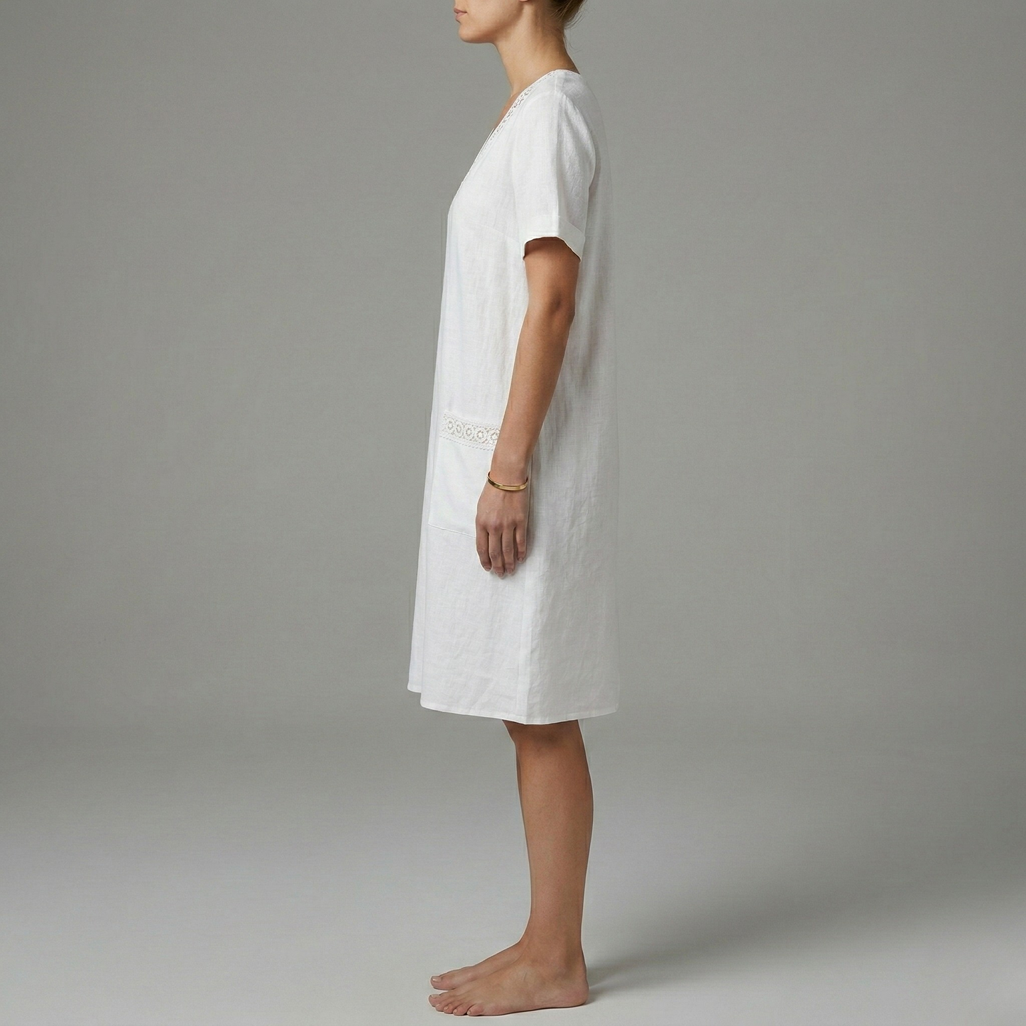 Women's Linen Summer Dress Knee-Length with Crochet Lace at V-Neck, Short Sleeves, and Patch Pockets