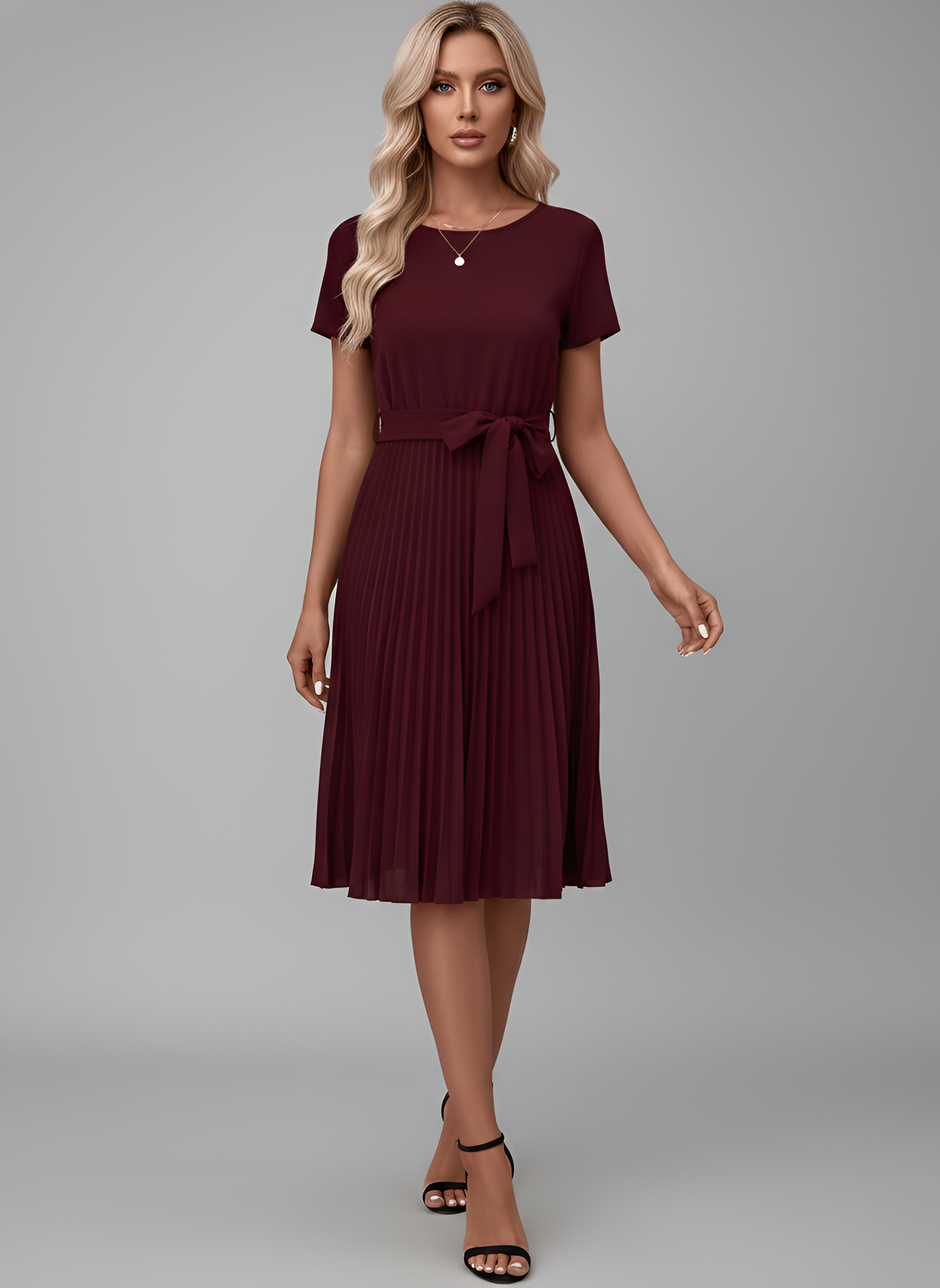 Women's Knee-Length Pleated Dress with Tie Belt Round Neck Short Sleeves Flowing Polyester