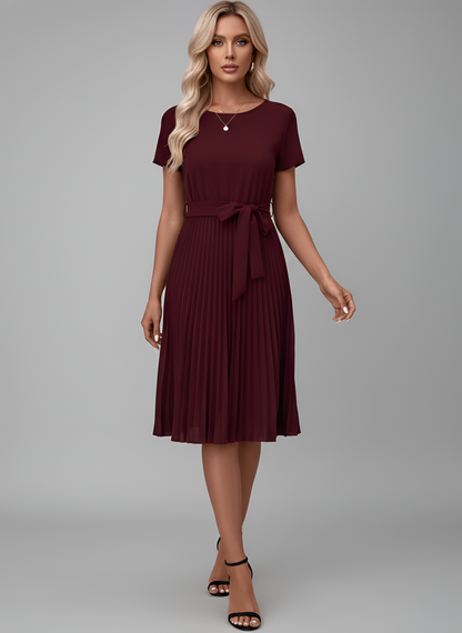 Women's Knee-Length Pleated Dress with Tie Belt Round Neck Short Sleeves Flowing Polyester