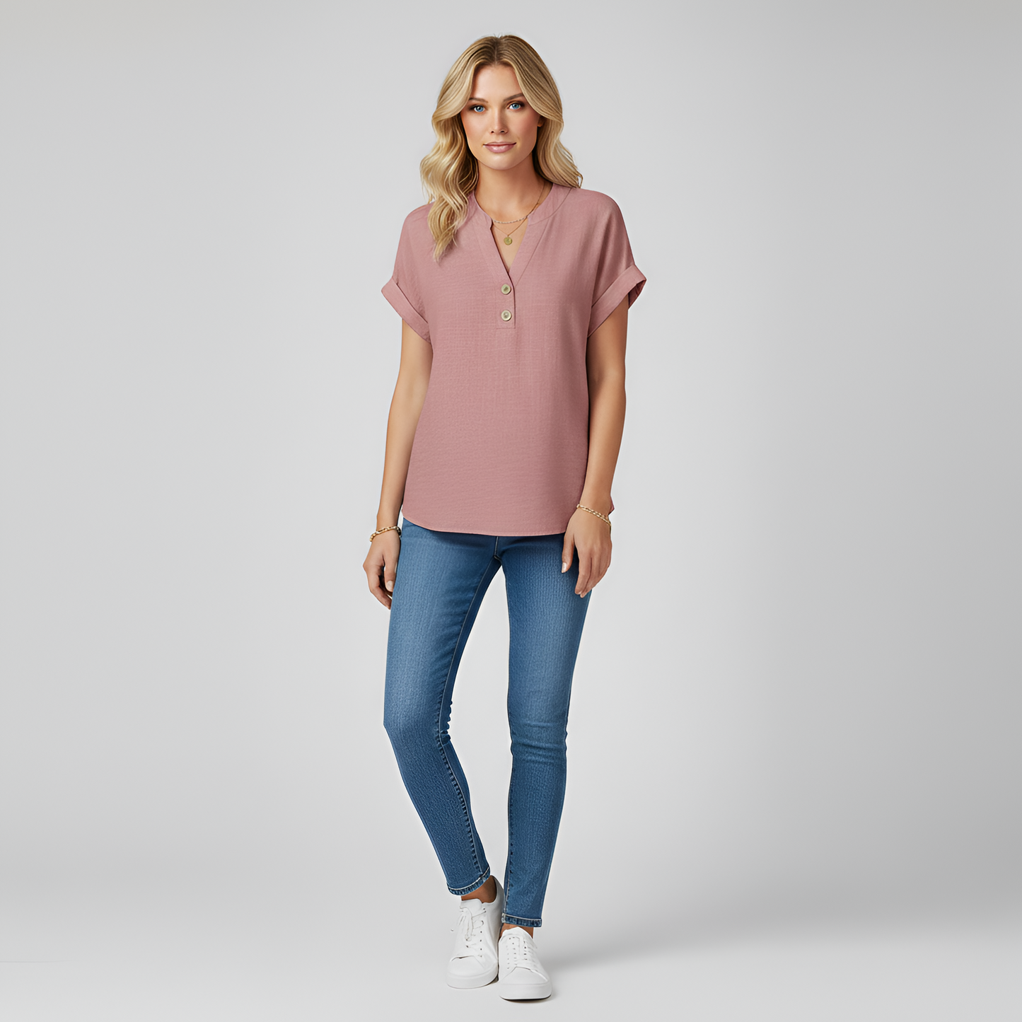 Women's Henley Blouse Cotton with V-Neck Stand Collar Short Sleeves with Cuff Hip Length Loose Fit