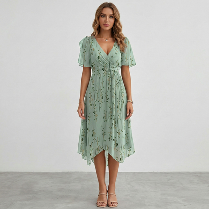 Women's Midi Dress with Floral Pattern V Wrap Neck Flutter Sleeves and Hi-Low Hem Chiffon