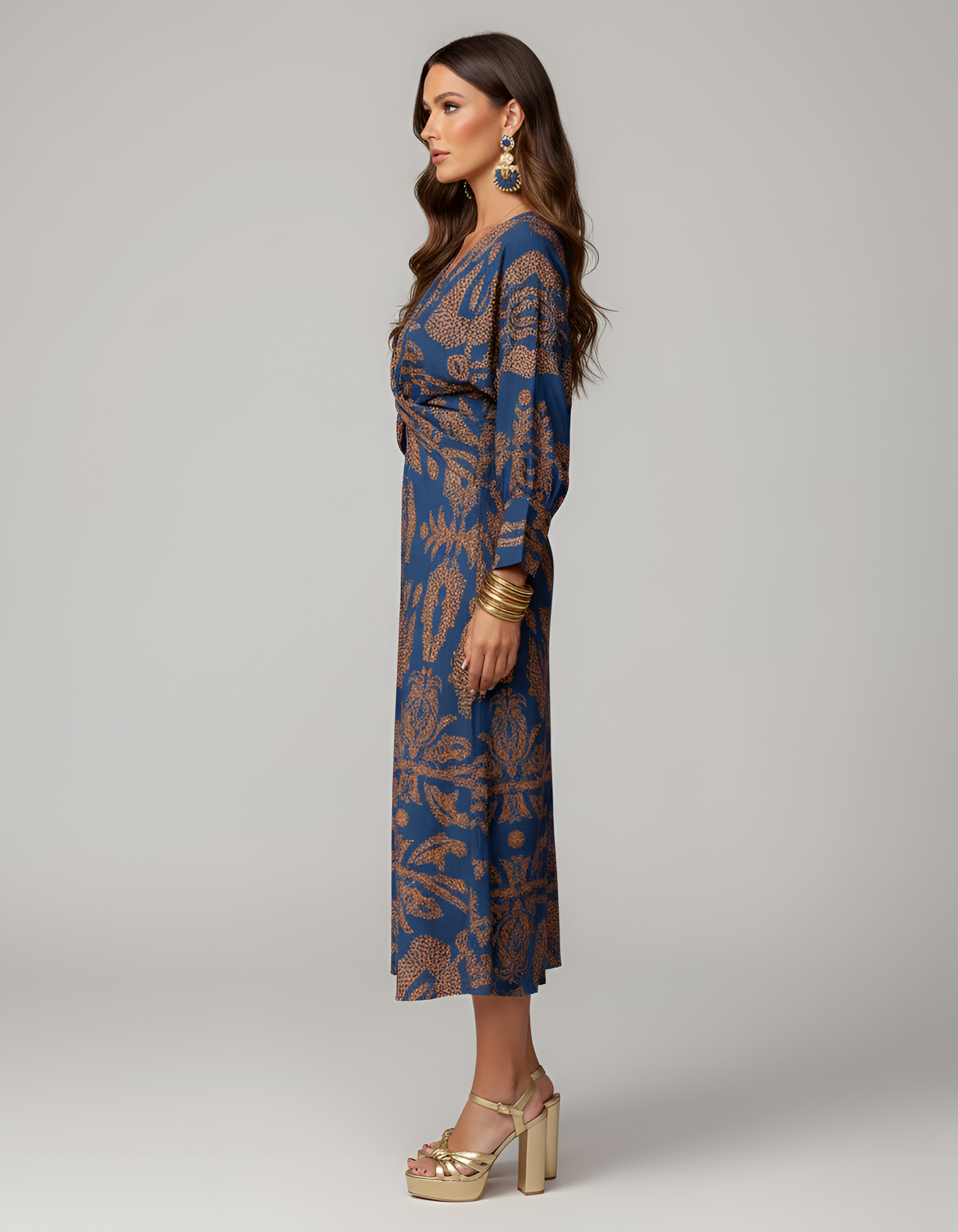 Women's Midi Dress with Twist Knot Ornamental Print V-Neck Balloon Sleeves and Empire Waist