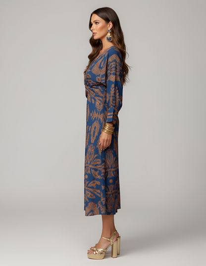 Women's Midi Dress with Twist Knot Ornamental Print V-Neck Balloon Sleeves and Empire Waist