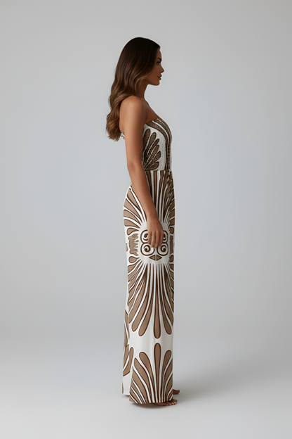 Women's Bandeau Jumpsuit with Mandala Print, Smocked Bustier, Wide Palazzo Legs, Strapless Summer