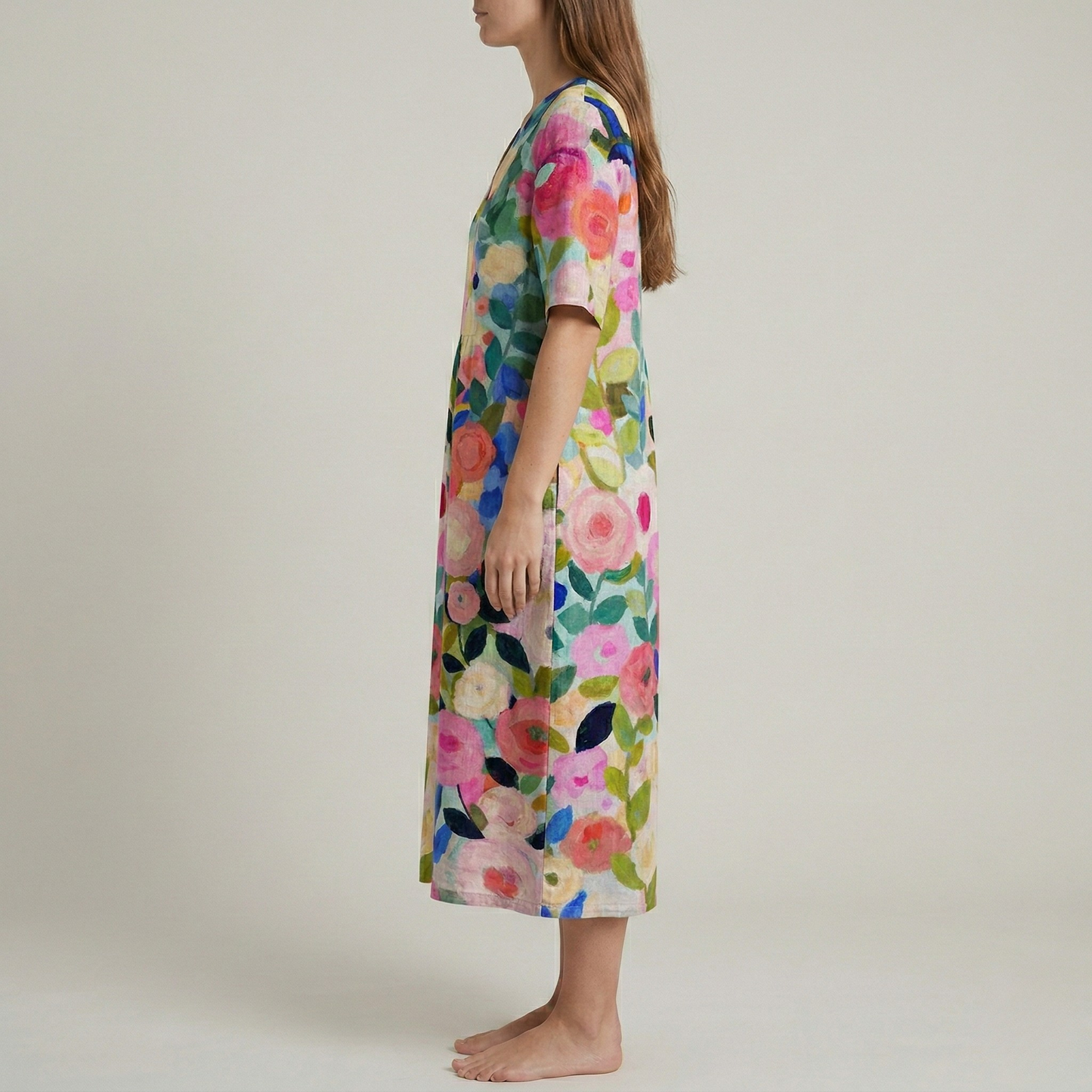 Women's Maxi Dress Cotton with Watercolor Floral Pattern V-Neck Short Sleeves Empire Cut Loose Fit