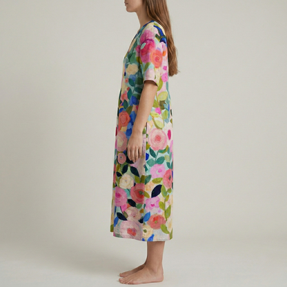 Women's Maxi Dress Cotton with Watercolor Floral Pattern V-Neck Short Sleeves Empire Cut Loose Fit