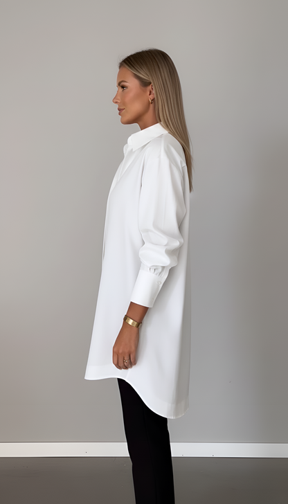 Women's Tunic Shirt Oversize Cotton with Hidden Button Placket Shirt Collar Long Sleeves