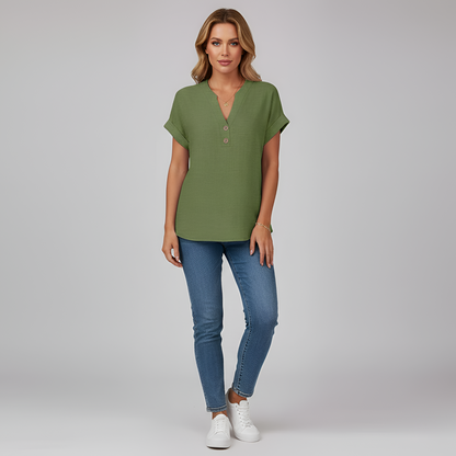 Women's Henley Blouse Cotton with V-Neck Stand Collar Short Sleeves with Cuff Hip Length Loose Fit